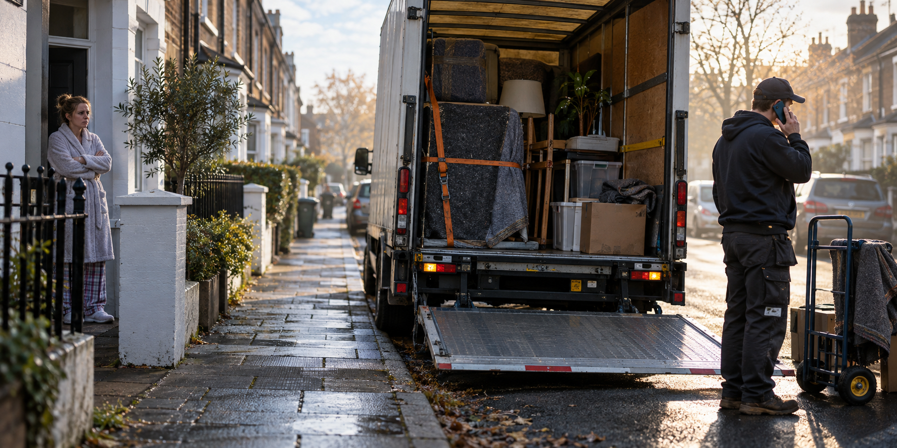 A loaded removals van parked on a terraced street with its tail lift down. A man in a cap stands beside it on the phone. A woman in a dressing gown watches from a doorstep with her arms folded.